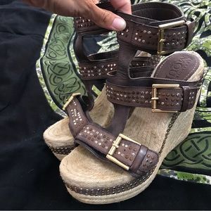 ALEXANDER MCQUEEN platform espadrille heels. Size 7 37 EU Silver gold studs sexy